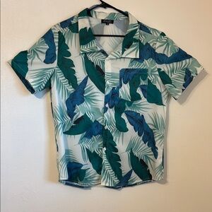Kivenst Green and White Leaf Print Hawaiian pocket Men's Shirt Medium